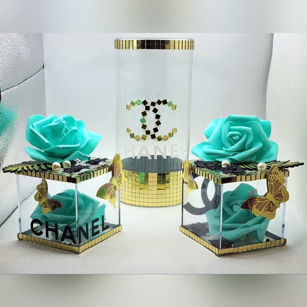 Twal Rose Flower Box and Vase Vanity Decor Gift Set Three Pieces